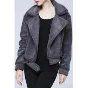 Notched Lapel Plain Zipper Faux Fur Long Sleeve Jacket