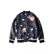 Single Breasted PU Patchwork Sleeve Universe Galaxy Print Jacket