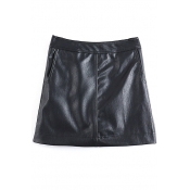 A-Line PU High Waist Plain Mini Double Pockets Skirt