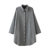 Boyfriend Style Vertical Strips Button Down Long Shirt