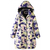 Hooded Camouflage Print Long Sleeve Lapel Long Padded Coat