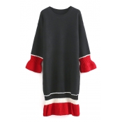 Round Neck Color Block Stripe Trims Ruffle Hem Long Sweater