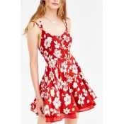 Red Straps Floral Print Flare Mini Chiffon Dress