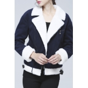 Notched Lapel Wool Lining zipper Blue Patchwork Jacket
