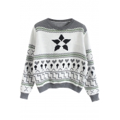 Round Neck Geometric Jacquard Long Sleeve Cropped Sweater