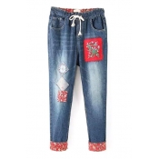 Tribal Embroidery Turn Up Drawstring Waist Washed Old Jeans