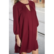 Round Neck Cutout Front 3/4 Length Sleeve Plain Dress
