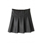Plain Zip Side Velvet Plus Pleated PU A-Line Skirt