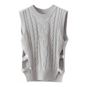 Round Neck Sleeveless Plain Cable Knit Split Side Button Detail Sweater