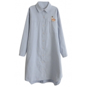 Lapel Deer Embroidery Long Sleeve Single Pocket Tunic Shirt