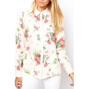 Lapel Floral Print Long Sleeve Button Down White Shirt