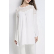 Plain Round Neck Lace Patchwork Long Sleeve Mini White Dress