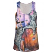 Fighting Cat and Mouse Print Scoop Neck Slim Tank