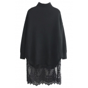 High Neck Batwing Sleeve Sweater With Lace Cami Two-Piece Top