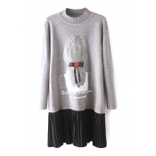 High Neck Girl Print Long Sleeve Pleated Patchwork Sweater
