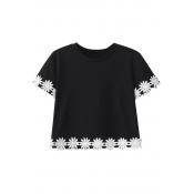 Round Neck Crochet Patchwork Cropped Short Sleeve Tee
