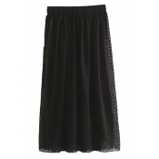 Elastic Waist Plain Layered Lace A-Line Max Skirt