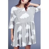 3/4 Length Sleeve Cloud Print Color Block Smock Dress