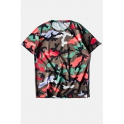 Round Neck Camouflage Color Block Loose Tee