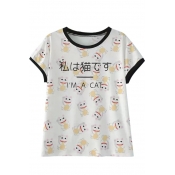 Lucky Cat & Letter Print Short Sleeve Round Neck Tee
