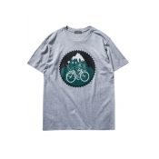 Round Neck Bike & Mountain Print Short Sleeve Oversize Tee