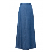 Plain High Waist A-Line Maxi Denim Single Pocket Skirt