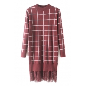 Smock Neck Plaid Lace Patchwork Long Sleeve Long Sleeve