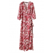 Red 3/4 Length Sleeve Floral Print Belt Waist Maxi Dress
