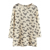Round Neck Heart Patterned Long Sleeve Loose Sweater