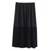 Elastic Waist Pleated Patchwork Plain Maxi Skirt