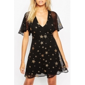 V-Neck Star Print Ruffle Short Sleeve Black Chiffon Dress