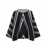 Batwing Sleeve Stripes Color Block Round Neck Sweater