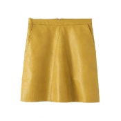 Plain High Waist Zip Back A-Line Double Pockets PU Mini Skirt