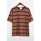 Striped Round Neck Short Sleeves Casual Tee