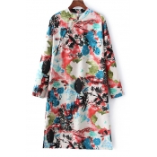 Stand Up Neck Colorful Ink Print Cheongsam Buckle Detail Dress