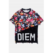 Crew Neck Floral Print Color Block Short Sleeve Loose Tee