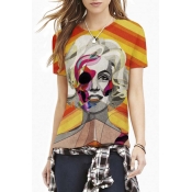 Abstract Lady Print Color Block Short Sleeve Tee