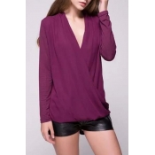 Casual Plain Knitted V-Neck Draped Wrap Blouse