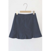 Navy Blue Cotton Zipper Detailed Skater Skirt