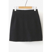 Black Woolen Double-Pocket Zipper-Back Mini Skirt