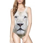 White Lion Print Scoop One Piece Swimsuit