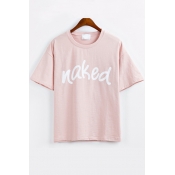 Round Neck Short Sleeves Letter Print Loose Tee