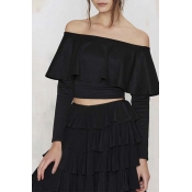 Black Off The Shoulder Ruffle Detail Long Sleeve Cropped Tee
