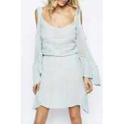 Loose Square Neck Cut Out Shoulder Bell Sleeves Lace Embellish Dress