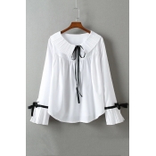 White Bow Tie Detail Doll Collar Loose Long Sleeve Blouse