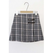 Vintage Plaid Tweed Belt-Breast Zipper Detailed Mini Skirt