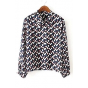 Stand Bow-Neck Color block Geometric Print Blouse