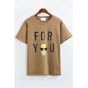 Round Neck Short Sleeves Letter&Cartoon Print Casual Tee