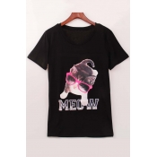 Cute Meow Glasses Cat Print Round Neck Short Sleeve Tee