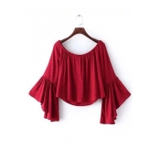 Red Boat Neckline Bell Sleeves Cropped Blouse